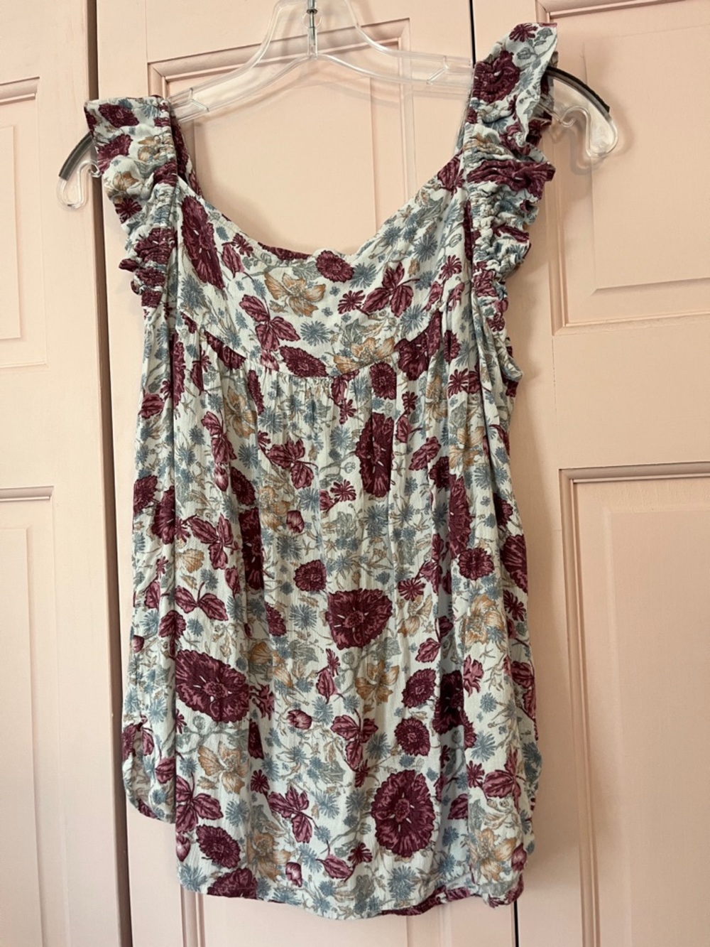 Maurices Cream Floral Ruffle Shoulder Blouse with Burgundy Print - Picture 2 of 3